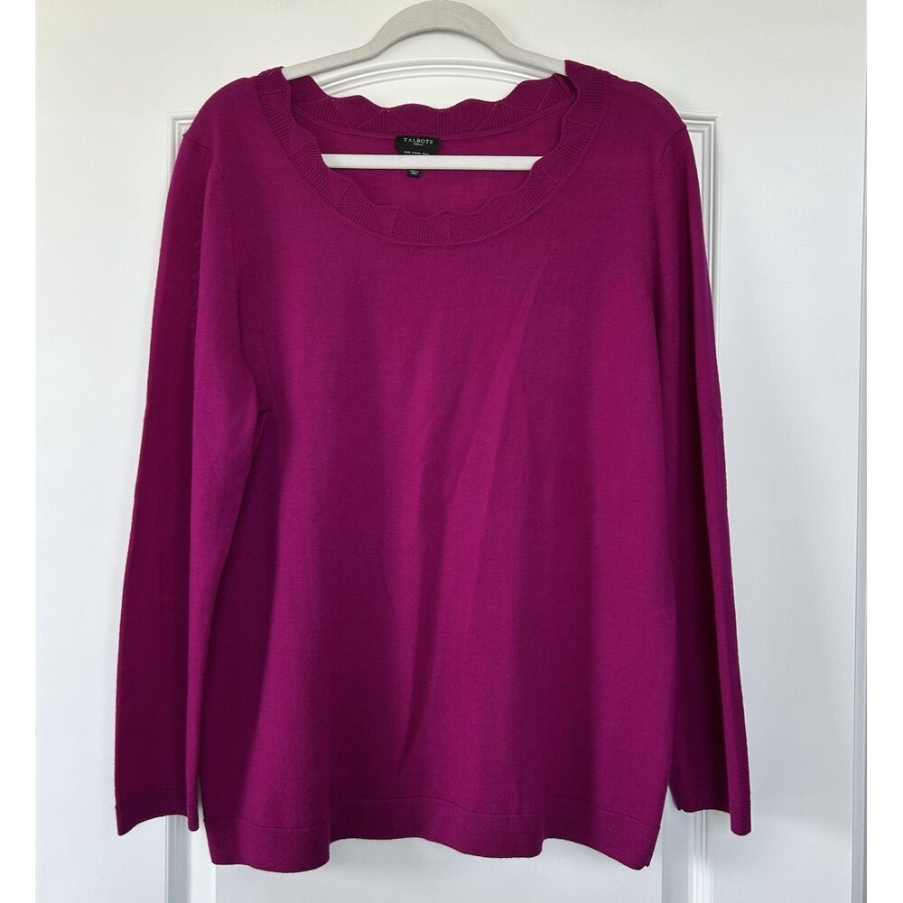 Talbots Women 1X Merino Wool Sweater Top Purple Lightweight Scalloped Neckline